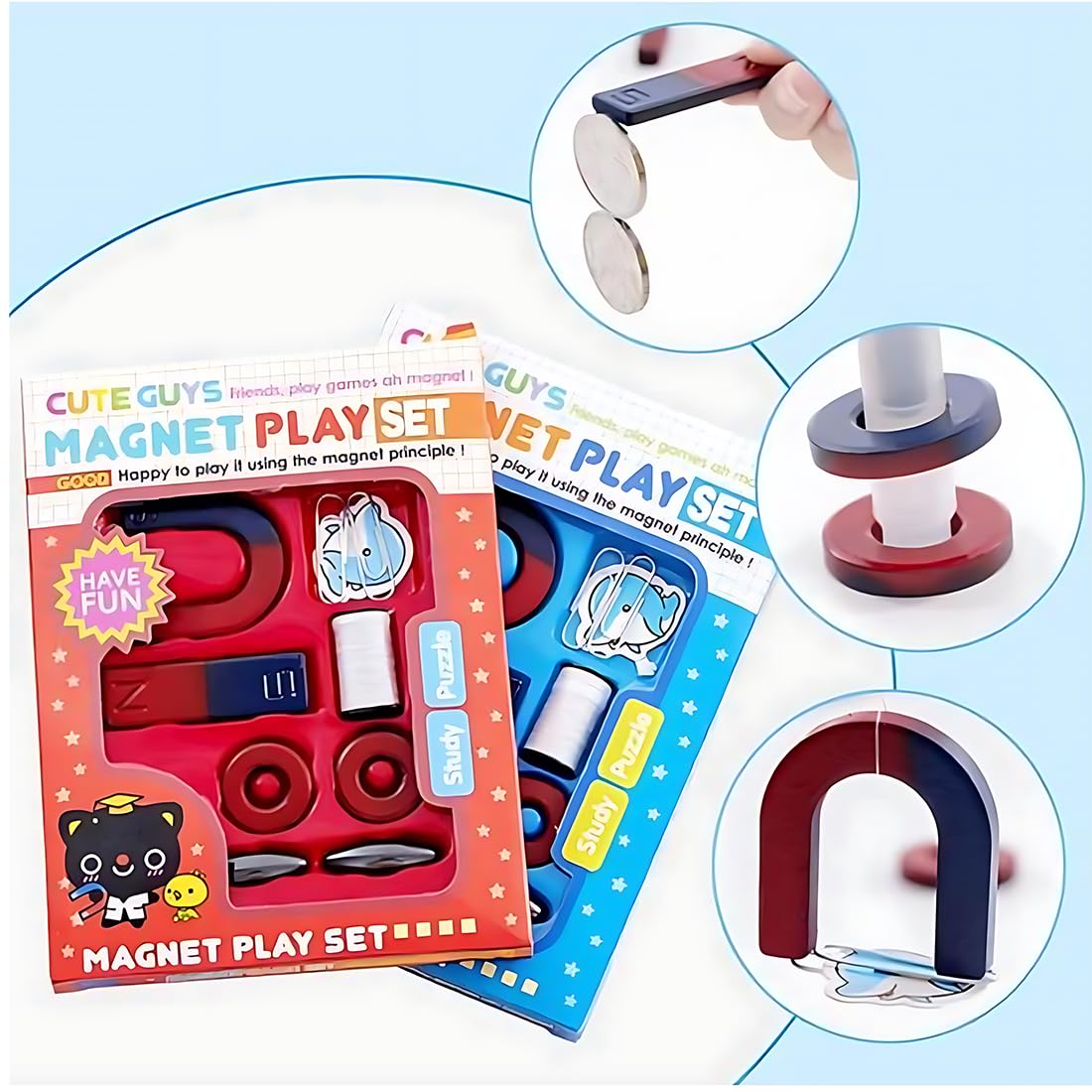 Cute Guys Magnet Play Set with Gentle Strength, Includes Horseshoe Magnets, Rings, Cylinders, 10 Pieces
