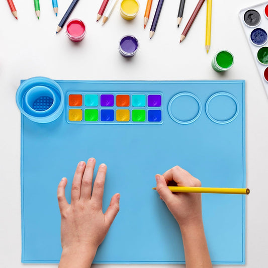 100% Non-Toxic Silicone Painting Mat 42 x 37 CM, 12 Paint Lines & Cleaning Cups for Kids, Non-Stick, Crafts, Resin, Clay, Play Doh, DIY