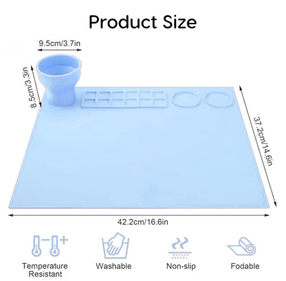 100% Non-Toxic Silicone Painting Mat 42 x 37 CM, 12 Paint Lines & Cleaning Cups for Kids, Non-Stick, Crafts, Resin, Clay, Play Doh, DIY