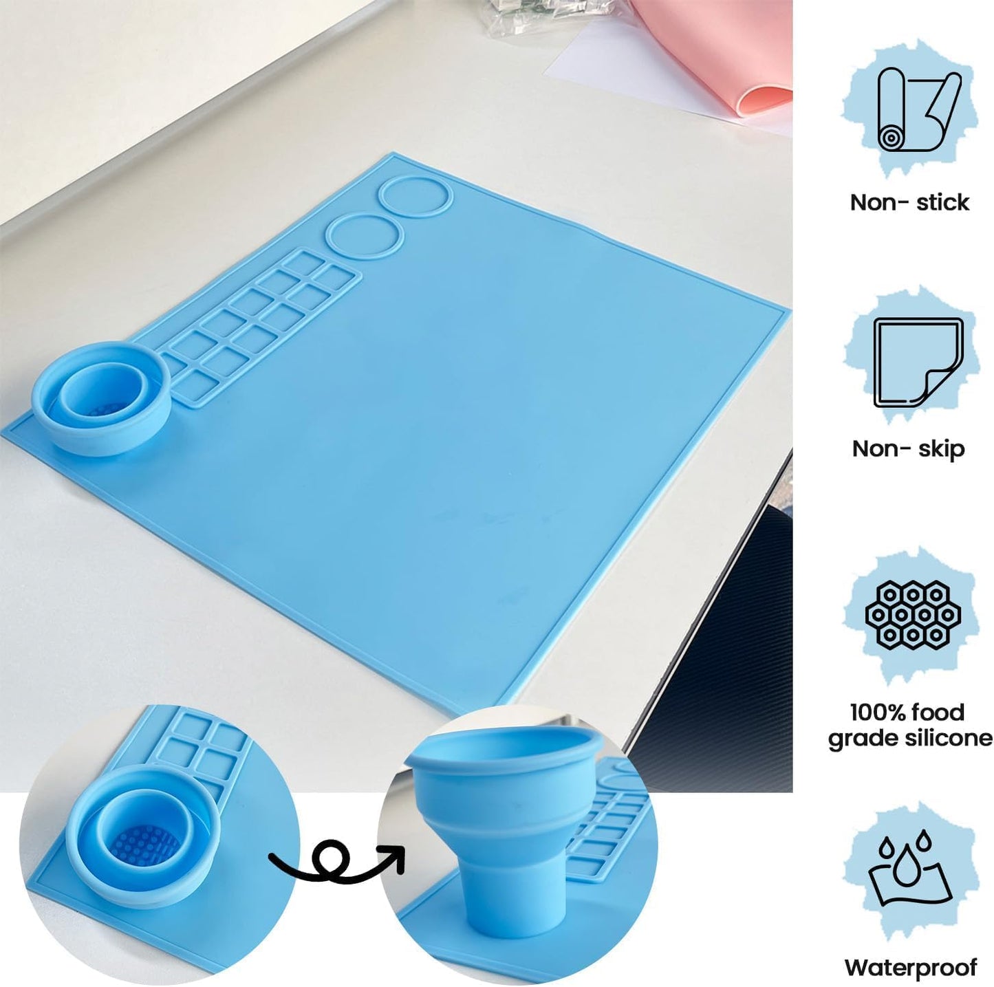 100% Non-Toxic Silicone Painting Mat 42 x 37 CM, 12 Paint Lines & Cleaning Cups for Kids, Non-Stick, Crafts, Resin, Clay, Play Doh, DIY