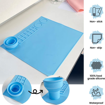 100% Non-Toxic Silicone Painting Mat 42 x 37 CM, 12 Paint Lines & Cleaning Cups for Kids, Non-Stick, Crafts, Resin, Clay, Play Doh, DIY