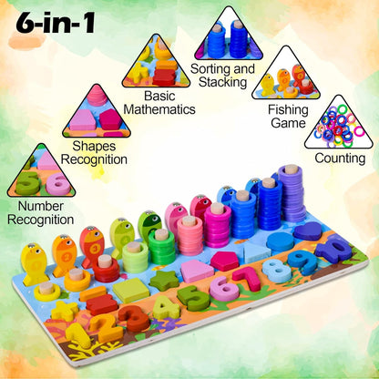 Wooden 6 in 1 Multifunctional Learning Board Puzzle, Numbers, Shapes, Fishing Game, Stacking, Montessori Game Educational Toys for Kids, Multicolour, 3+ Years (Pack of 1)