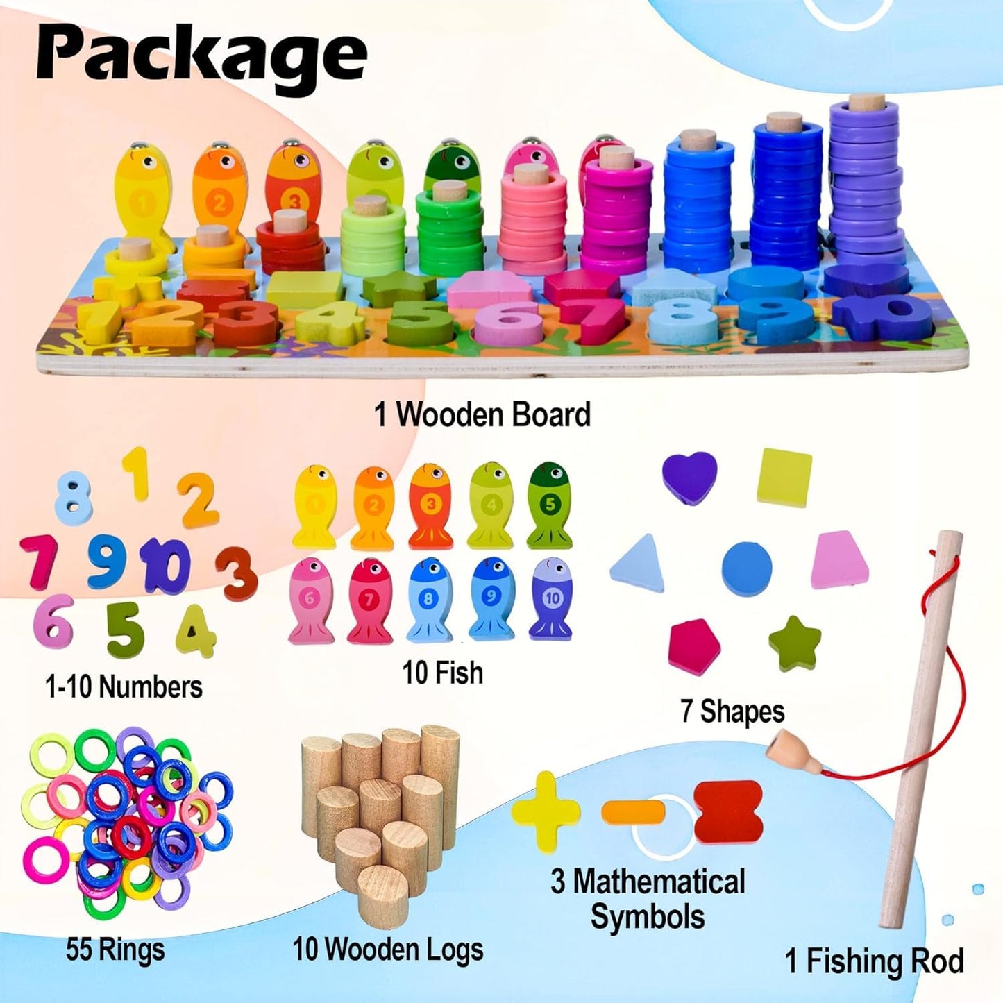 Wooden 6 in 1 Multifunctional Learning Board Puzzle, Numbers, Shapes, Fishing Game, Stacking, Montessori Game Educational Toys for Kids, Multicolour, 3+ Years (Pack of 1)