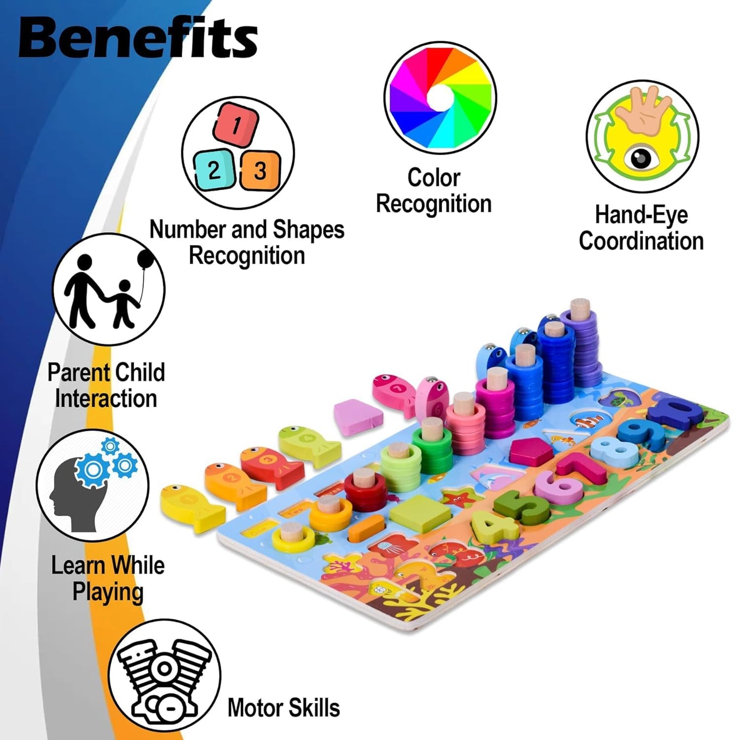 Wooden 6 in 1 Multifunctional Learning Board Puzzle, Numbers, Shapes, Fishing Game, Stacking, Montessori Game Educational Toys for Kids, Multicolour, 3+ Years (Pack of 1)