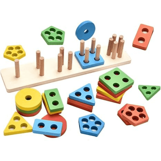Wooden 5 Column Geometry Block : Learn Shapes, Numbers Wooden Shape Sorting & Stacking Toy