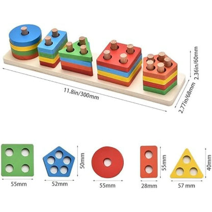 Wooden 5 Column Geometry Block : Learn Shapes, Numbers Wooden Shape Sorting & Stacking Toy