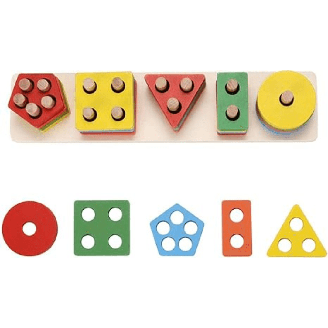 Wooden 5 Column Geometry Block : Learn Shapes, Numbers Wooden Shape Sorting & Stacking Toy