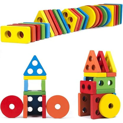 Wooden 5 Column Geometry Block : Learn Shapes, Numbers Wooden Shape Sorting & Stacking Toy