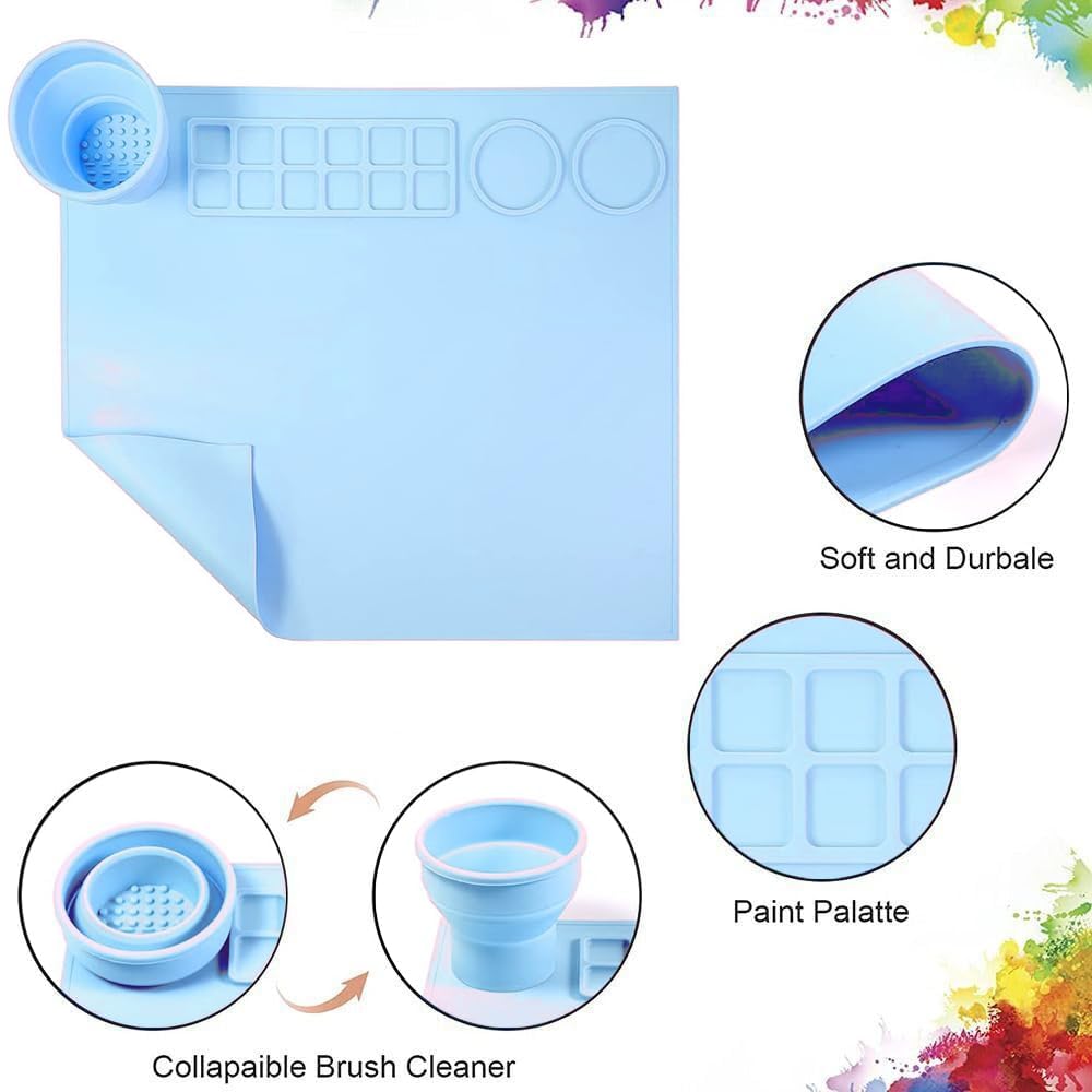 100% Non-Toxic Silicone Painting Mat 42 x 37 CM, 12 Paint Lines & Cleaning Cups for Kids, Non-Stick, Crafts, Resin, Clay, Play Doh, DIY