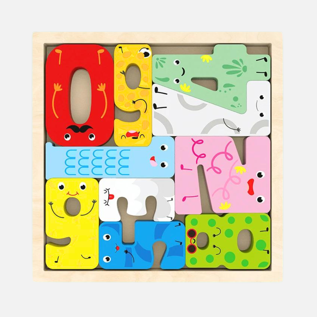 Colorful wooden puzzle with animal-shaped letters on a white background