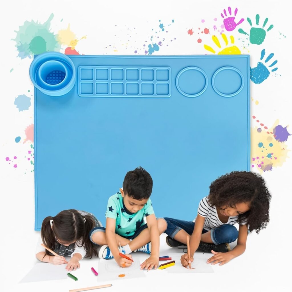 100% Non-Toxic Silicone Painting Mat 42 x 37 CM, 12 Paint Lines & Cleaning Cups for Kids, Non-Stick, Crafts, Resin, Clay, Play Doh, DIY