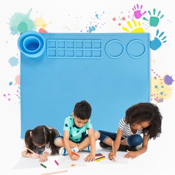 100% Non-Toxic Silicone Painting Mat 42 x 37 CM, 12 Paint Lines & Cleaning Cups for Kids, Non-Stick, Crafts, Resin, Clay, Play Doh, DIY