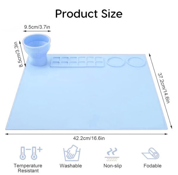100% Non-Toxic Silicone Painting Mat 42 x 37 CM, 12 Paint Lines & Cleaning Cups for Kids, Non-Stick, Crafts, Resin, Clay, Play Doh, DIY