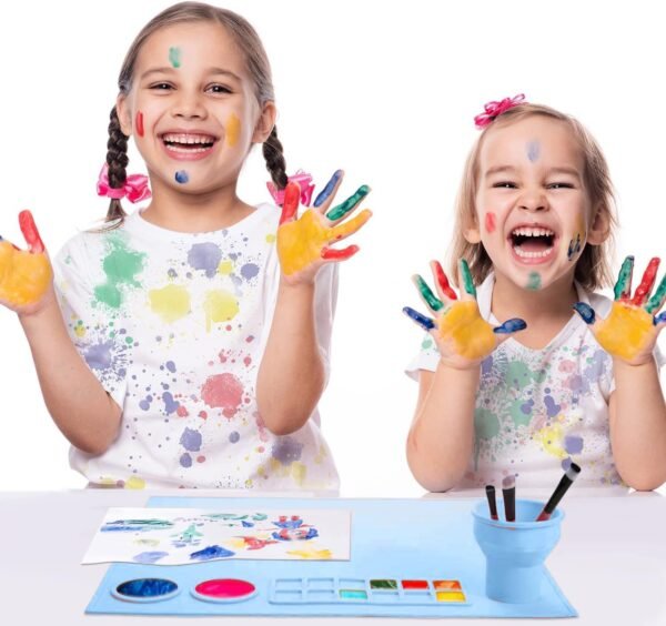 100% Non-Toxic Silicone Painting Mat 42 x 37 CM, 12 Paint Lines & Cleaning Cups for Kids, Non-Stick, Crafts, Resin, Clay, Play Doh, DIY
