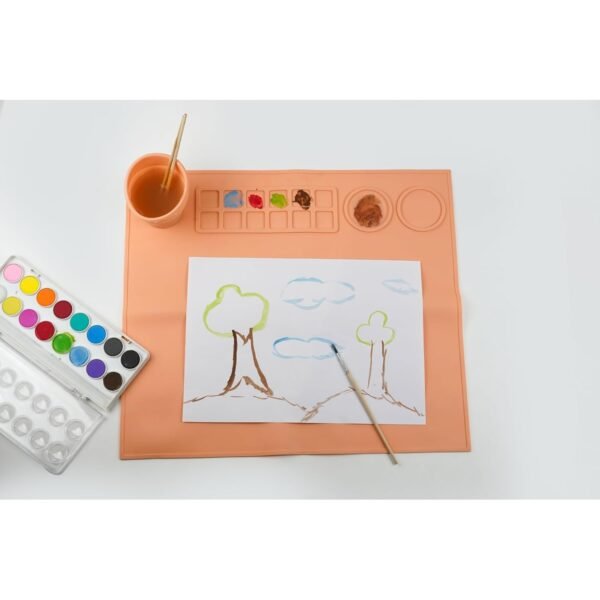 100% Non-Toxic Silicone Painting Mat 42 x 37 CM, 12 Paint Lines & Cleaning Cups for Kids, Non-Stick, Crafts, Resin, Clay, Play Doh, DIY