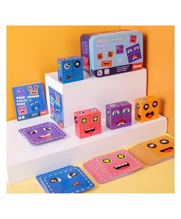 Face Change Expression Matching Puzzle - Wooden Cube Building Block Game for Kids & Families