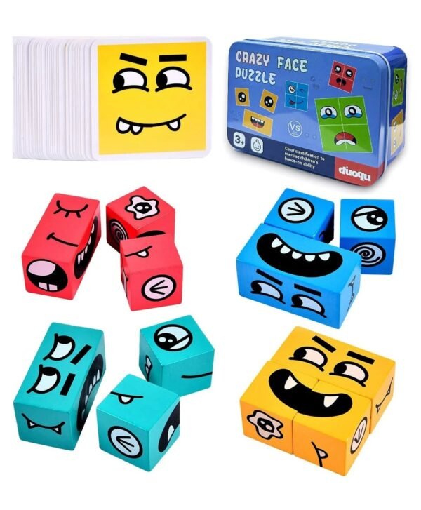 Face Change Expression Matching Puzzle - Wooden Cube Building Block Game for Kids & Families