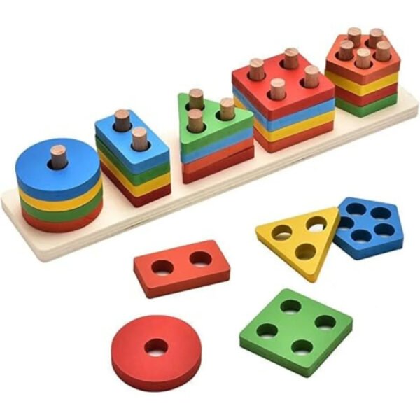 Wooden 5 Column Geometry Block : Learn Shapes, Numbers Wooden Shape Sorting & Stacking Toy
