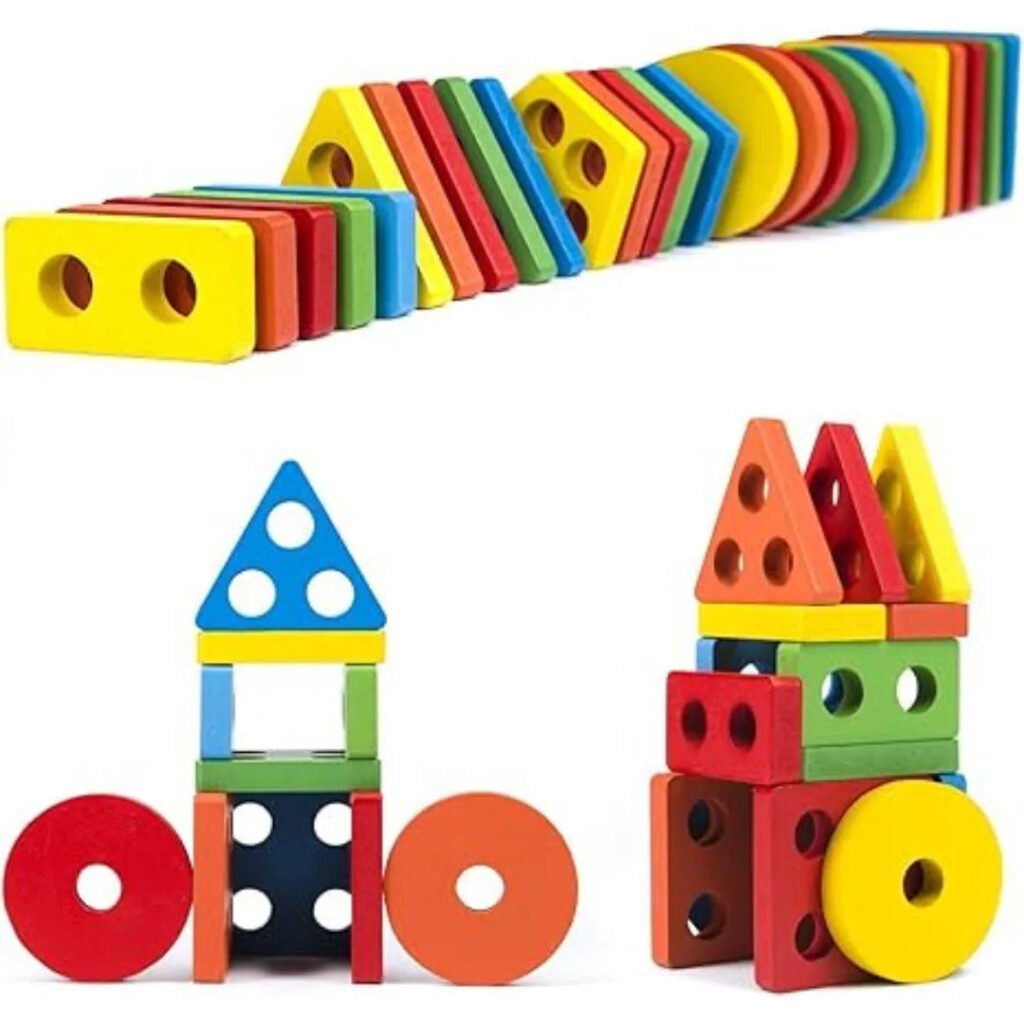 Wooden 5 Column Geometry Block : Learn Shapes, Numbers Wooden Shape Sorting & Stacking Toy