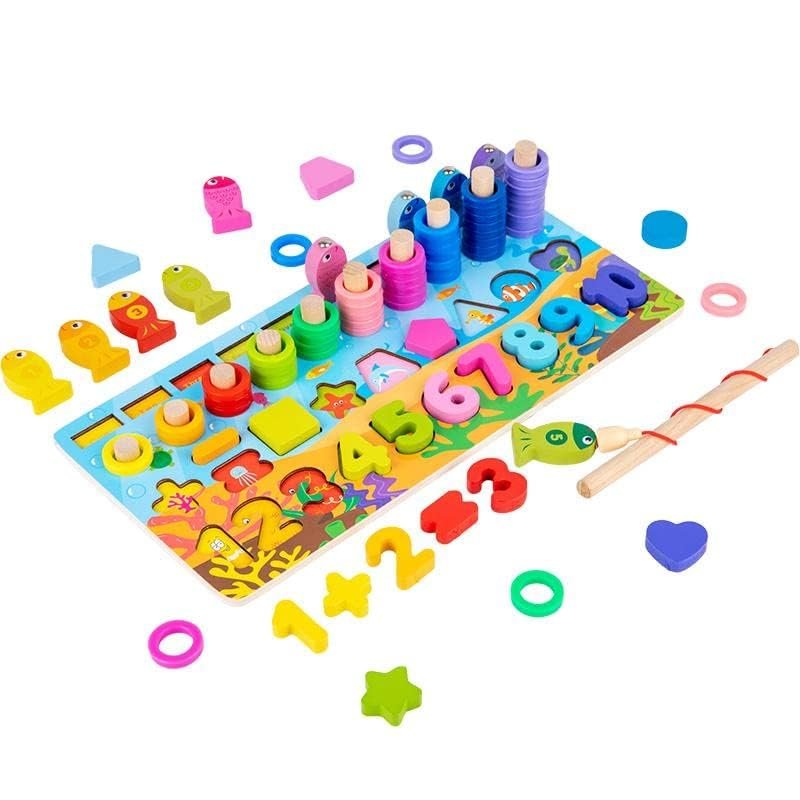Wooden 6 in 1 Multifunctional Learning Board Puzzle, Numbers, Shapes, Fishing Game, Stacking, Montessori Game Educational Toys for Kids, Multicolour, 3+ Years (Pack of 1) - Image 1
