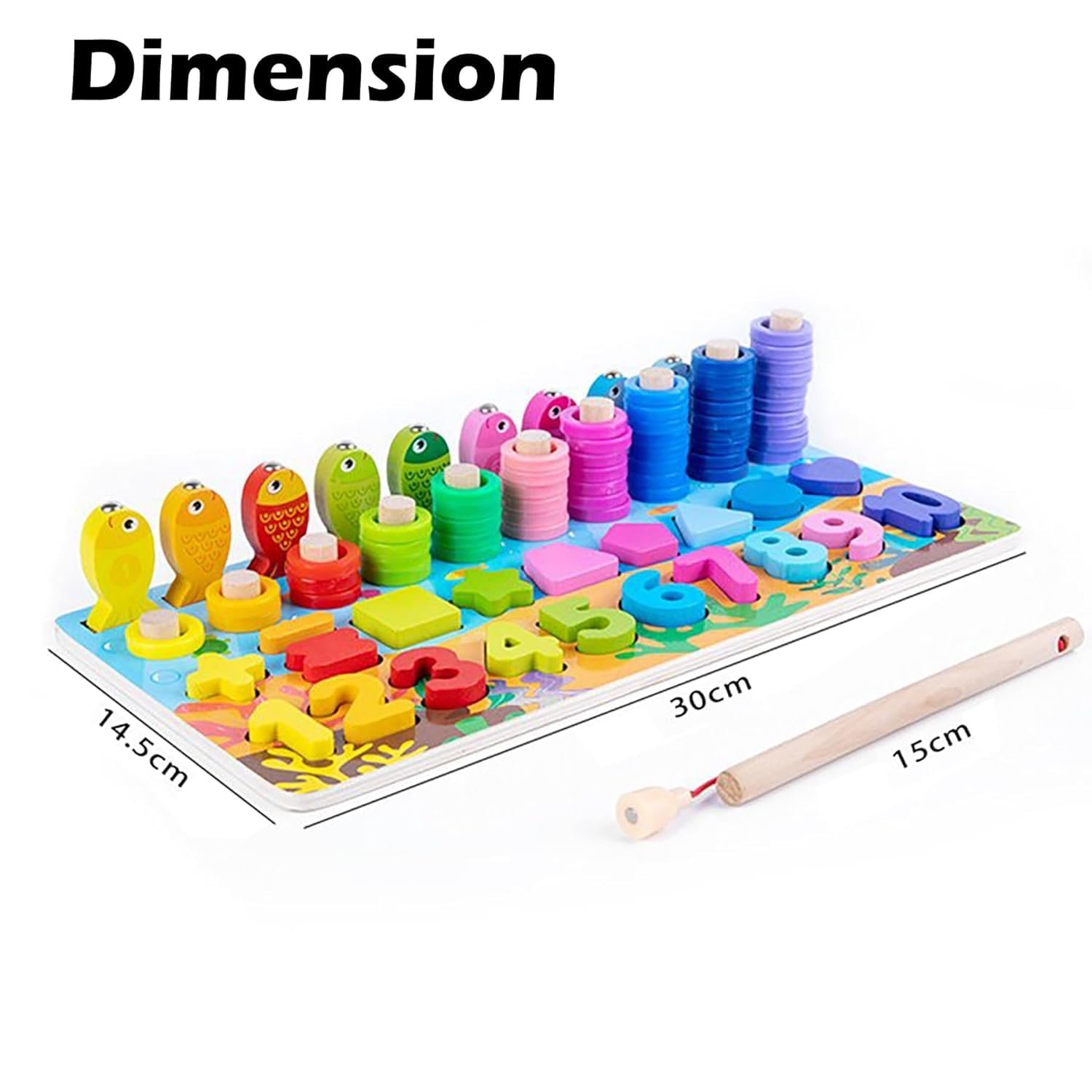 Wooden 6 in 1 Multifunctional Learning Board Puzzle, Numbers, Shapes, Fishing Game, Stacking, Montessori Game Educational Toys for Kids, Multicolour, 3+ Years (Pack of 1) - Image 2