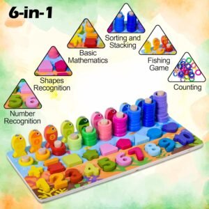 Wooden 6 in 1 Multifunctional Learning Board Puzzle, Numbers, Shapes, Fishing Game, Stacking, Montessori Game Educational Toys for Kids, Multicolour, 3+ Years (Pack of 1) - Image 3