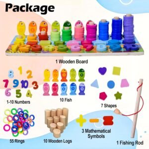 Wooden 6 in 1 Multifunctional Learning Board Puzzle, Numbers, Shapes, Fishing Game, Stacking, Montessori Game Educational Toys for Kids, Multicolour, 3+ Years (Pack of 1) - Image 4
