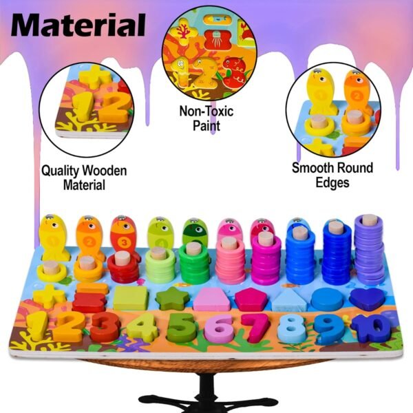 Wooden 6 in 1 Multifunctional Learning Board Puzzle, Numbers, Shapes, Fishing Game, Stacking, Montessori Game Educational Toys for Kids, Multicolour, 3+ Years (Pack of 1)