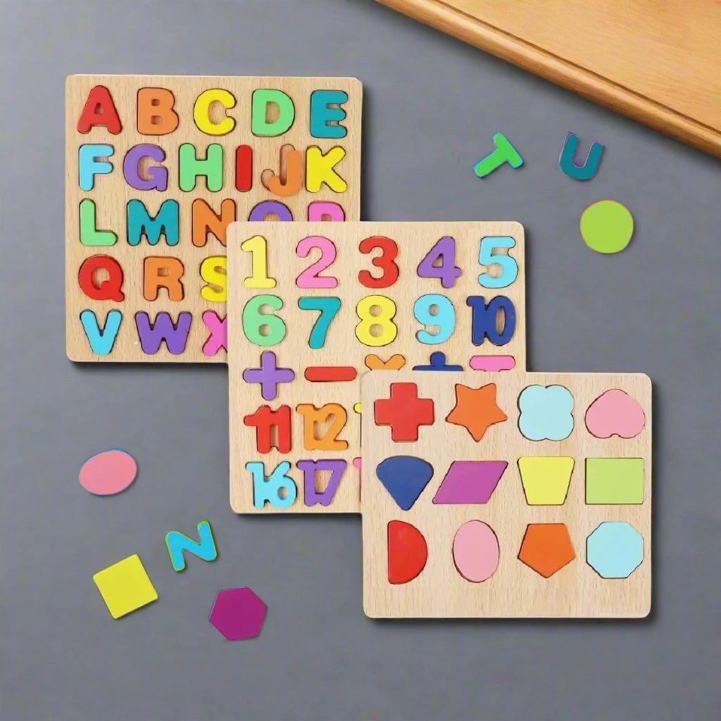 Wooden Alphabet, Number, and Shape Puzzles tray for Toddlers - 3 in one Gift Set - Image 1