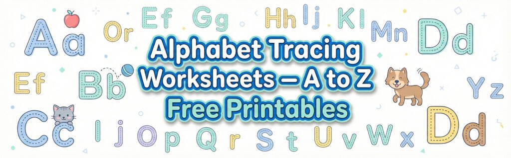 Alphabet Tracing Worksheets A to Z Free Printables banner featuring dotted letter examples and cute icons like an apple and dog.