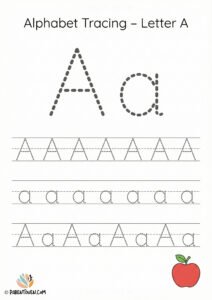 Alphabet tracing worksheet for the letter A with dotted uppercase and lowercase A and an apple illustration.