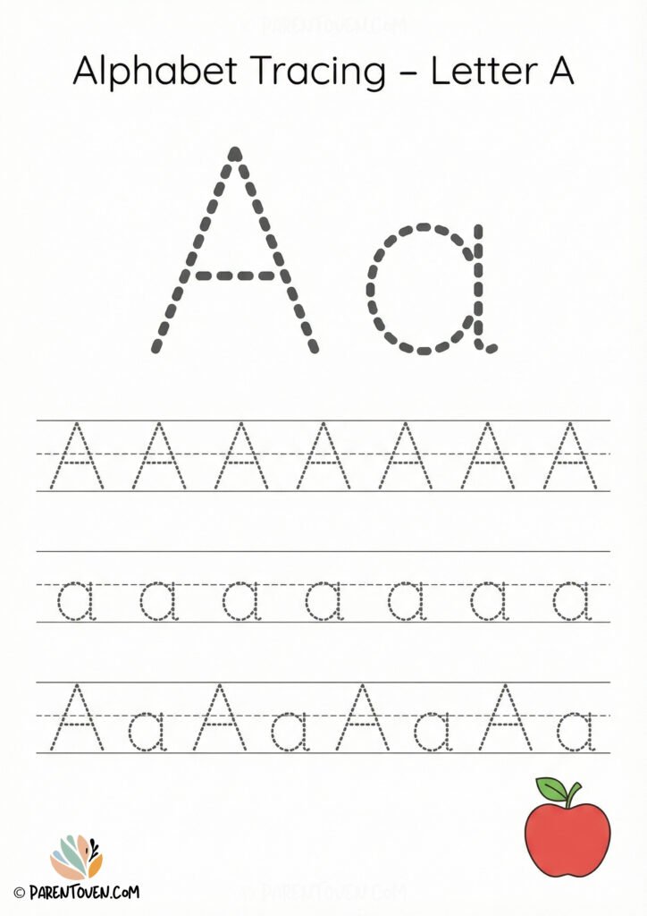 Alphabet tracing worksheet for the letter A with dotted uppercase and lowercase A and an apple illustration.