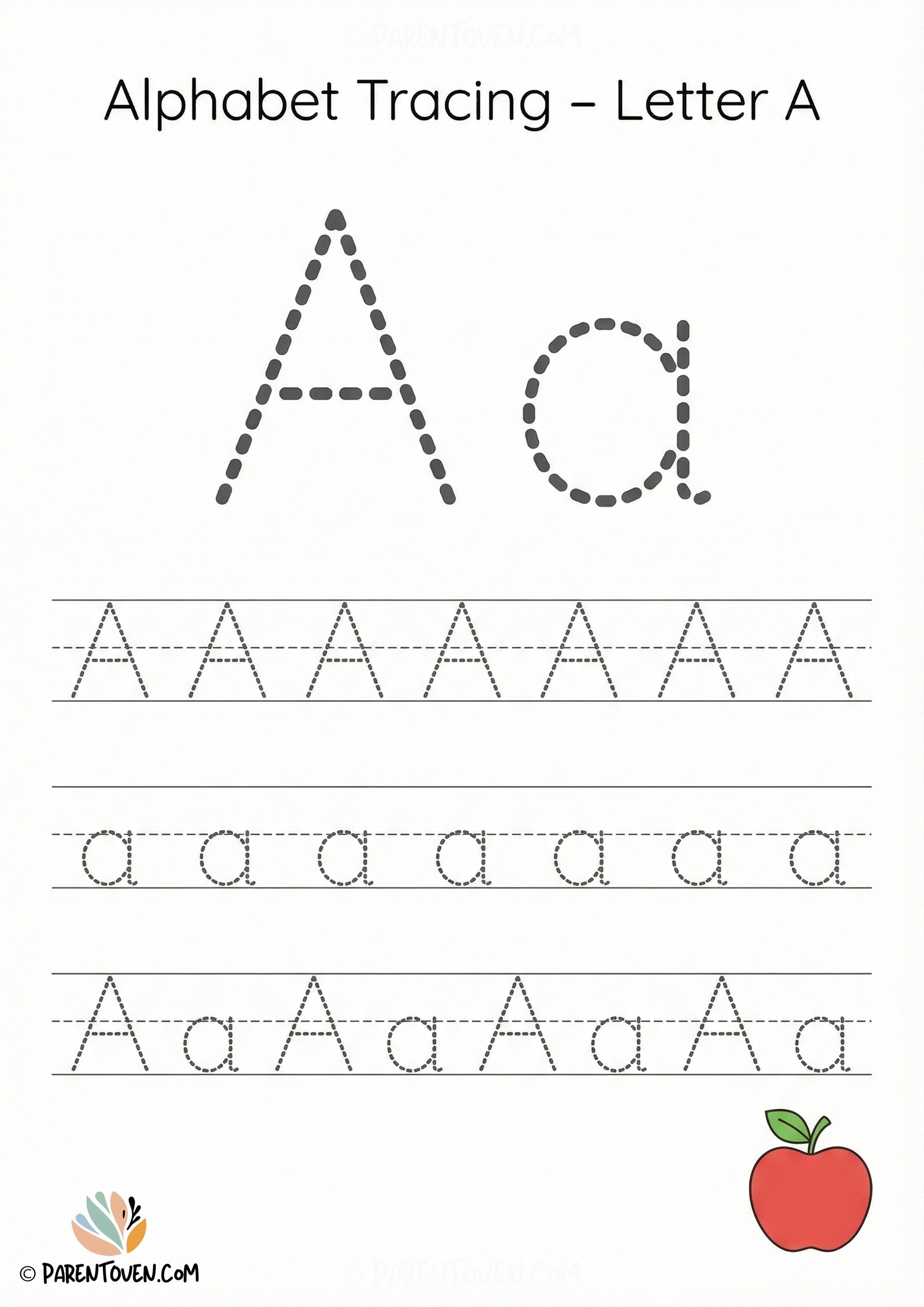 Alphabet tracing worksheet for the letter A with dotted uppercase and lowercase A and an apple illustration.