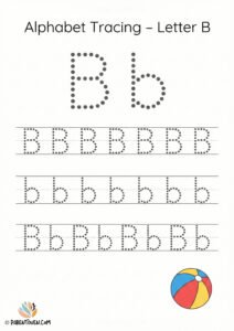 Letter B tracing worksheet with dotted uppercase and lowercase B and a colorful ball illustration for kids.