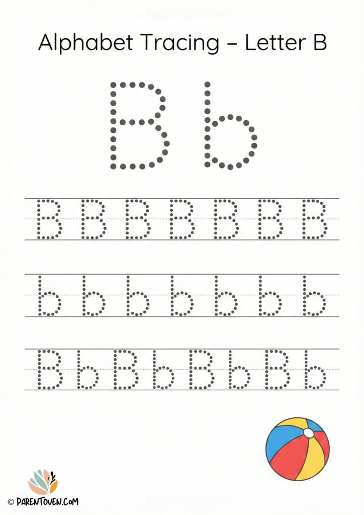 Letter B tracing worksheet with dotted uppercase and lowercase B and a colorful ball illustration for kids.