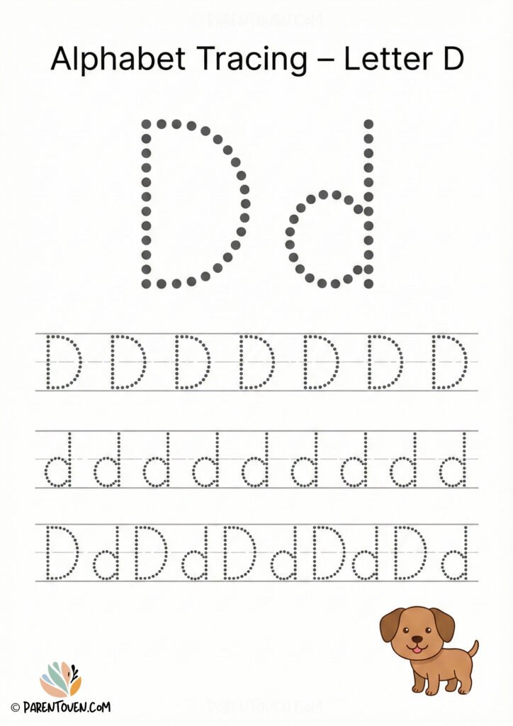 Letter D tracing worksheet with dotted uppercase and lowercase D and a dog illustration to help kids learn writing.