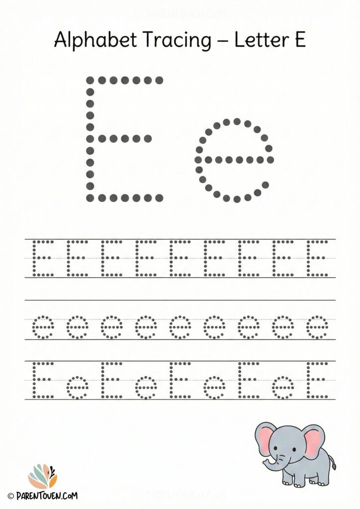 Alphabet tracing worksheet for the letter E with dotted uppercase and lowercase E and an elephant illustration.