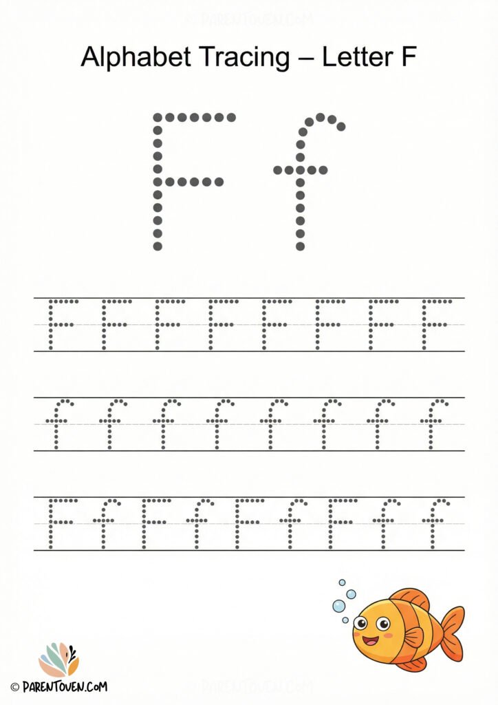 Letter F tracing worksheet with dotted uppercase and lowercase F and a colorful fish illustration.