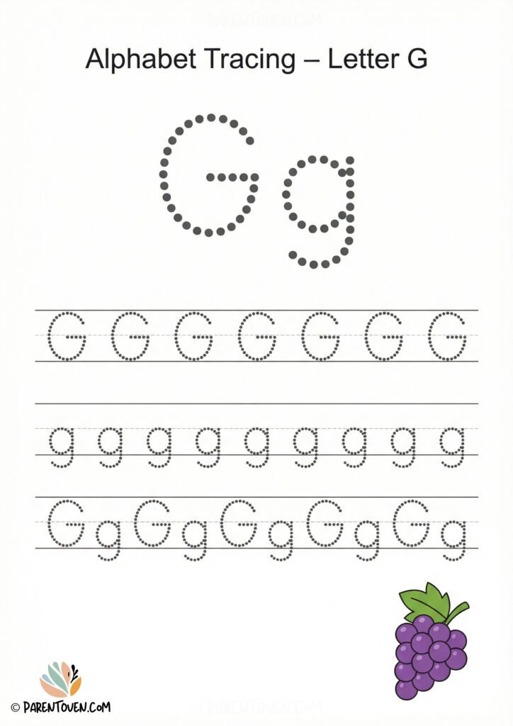 Alphabet tracing worksheet for the letter G with dotted uppercase and lowercase G and a grapes illustration for kids.