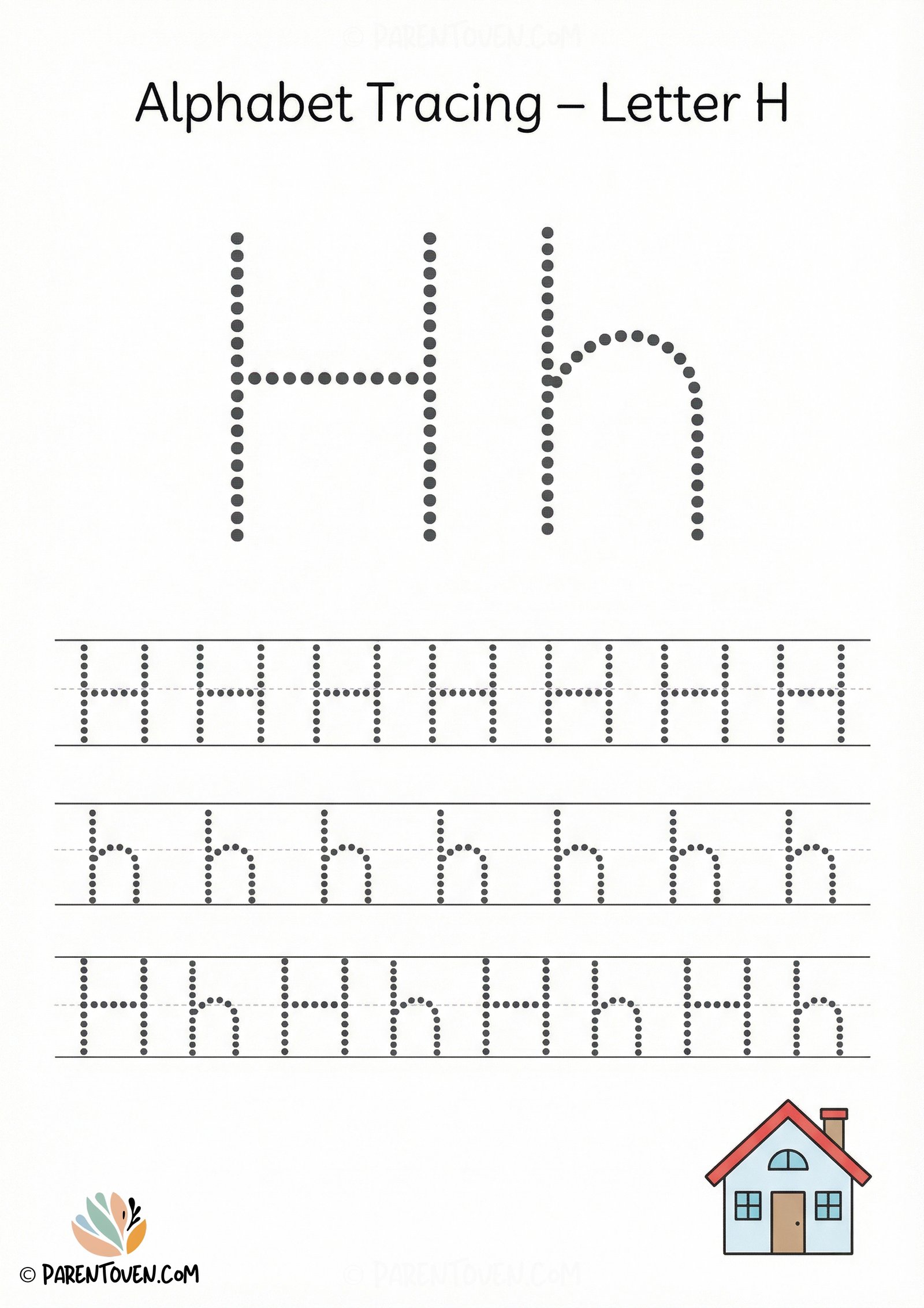 Letter H tracing worksheet with dotted uppercase and lowercase H and a house illustration for kids.