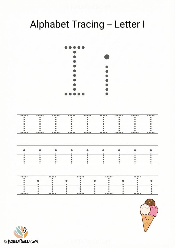 Alphabet tracing worksheet for the letter I with dotted uppercase and lowercase I and an ice cream illustration.