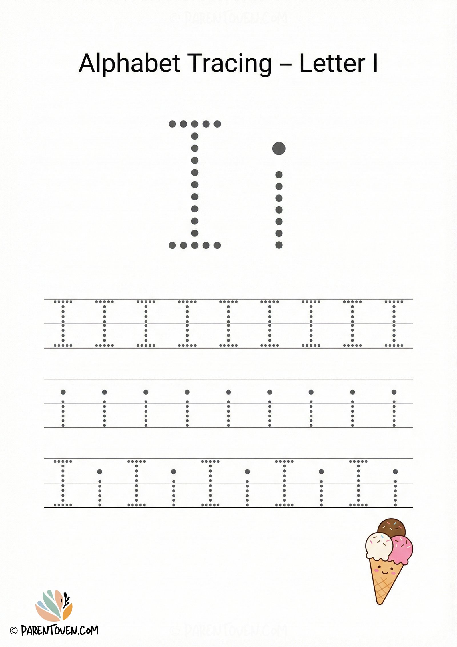 Alphabet tracing worksheet for the letter I with dotted uppercase and lowercase I and an ice cream illustration.
