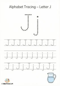 Letter J tracing worksheet with dotted uppercase and lowercase J and a jug illustration for handwriting practice.