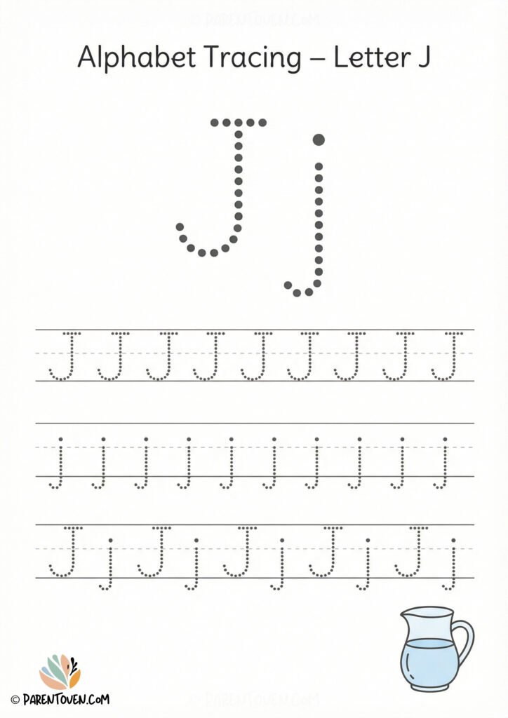 Letter J tracing worksheet with dotted uppercase and lowercase J and a jug illustration for handwriting practice.