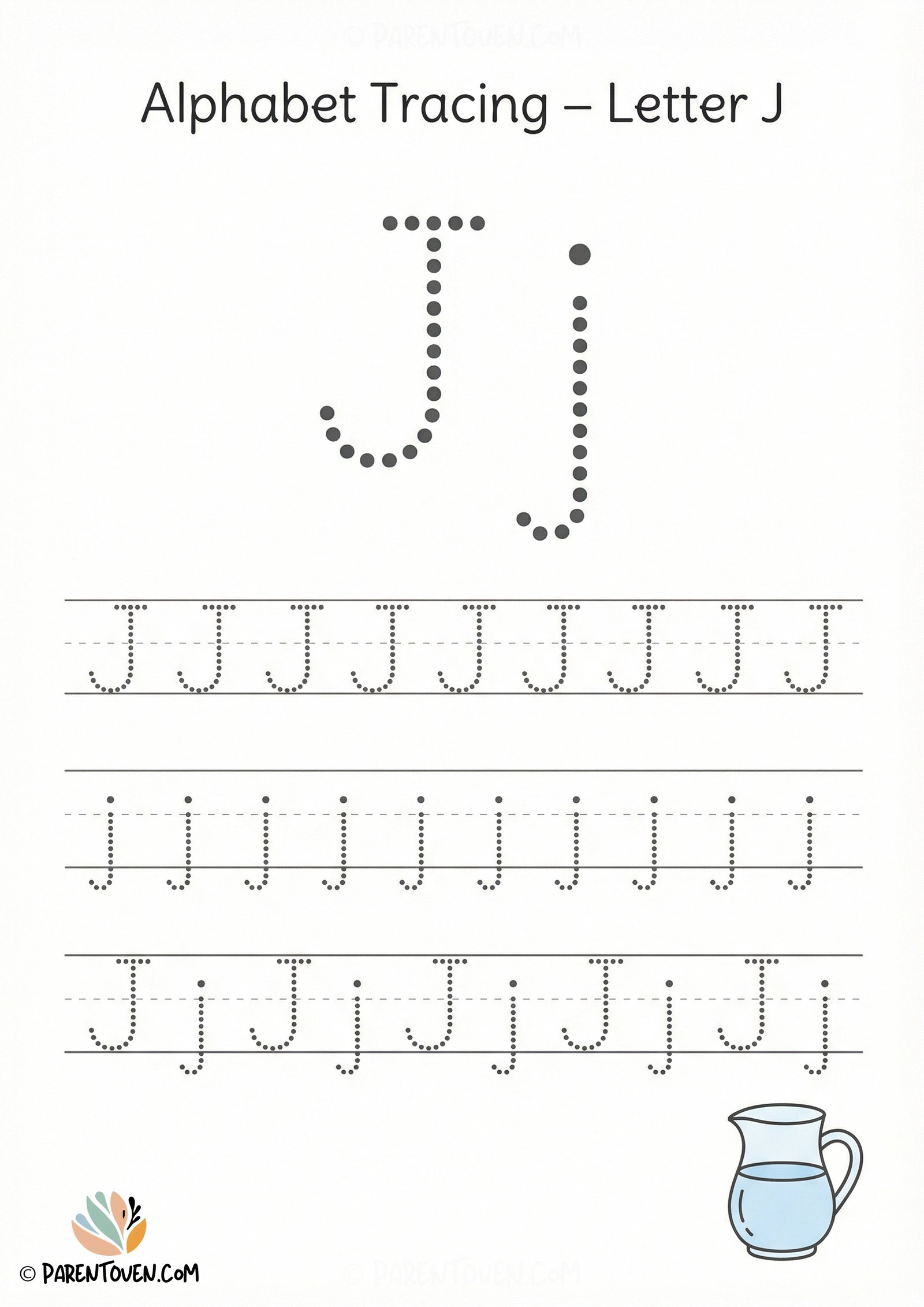 Letter J tracing worksheet with dotted uppercase and lowercase J and a jug illustration for handwriting practice.