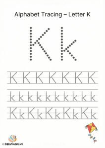 Letter K tracing worksheet with dotted uppercase and lowercase K and a kite illustration for kids.