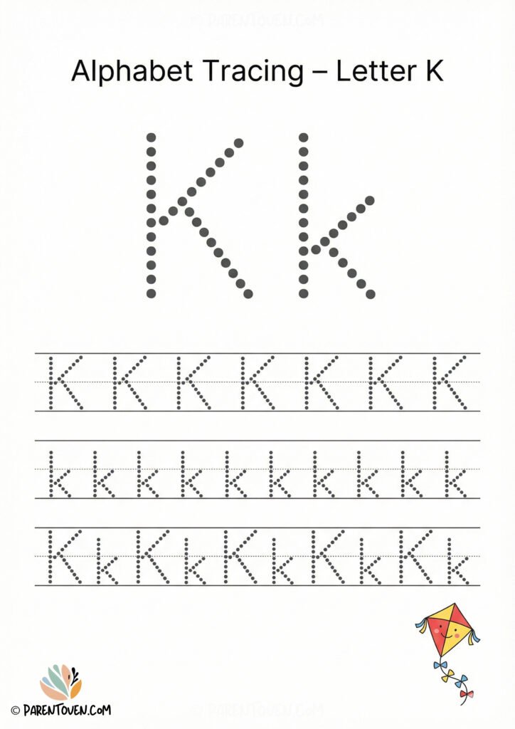 Letter K tracing worksheet with dotted uppercase and lowercase K and a kite illustration for kids.