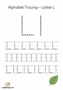 Alphabet tracing worksheet for the letter L with dotted uppercase and lowercase L and a leaf illustration for kids.