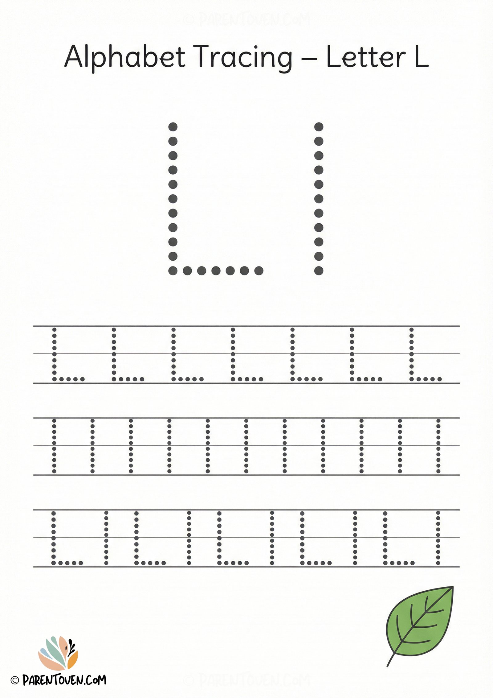 Alphabet tracing worksheet for the letter L with dotted uppercase and lowercase L and a leaf illustration for kids.