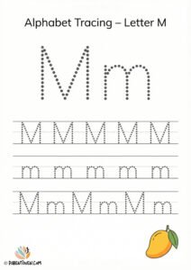 Letter M tracing worksheet with dotted uppercase and lowercase M and a mango illustration to help kids write the alphabet.